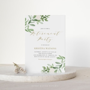 Printable Greenery Retirement Party Invitation Template, Watercolor Greenery and White Flowers Retirement Party Evite, Editable Invite GWF23