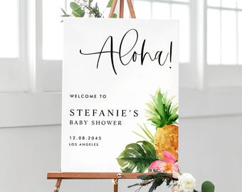 Printable Tropical Baby Shower Welcome Sign Template - 18x24 Watercolor Pineapple Baby Shower Luau Invitation - Summer Baby Luau Decor WP97