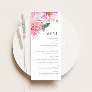 Printable Pink Dahlia Floral Wedding Menu Card Template - 4x9 Watercolor Dahlia Menu Card - Editable Botanical Bridal Shower Menu Card dh18