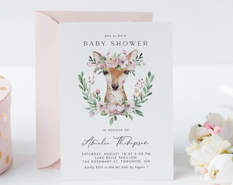 Printable Deer Baby Shower Invitation Template - Boho Watercolor Deer Blush Pink Flowers Woodland Baby Shower Evite - Editable Invite PD19