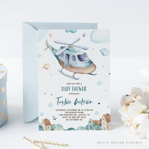 Printable Vintage Helicopter Baby Shower Invitation Template - Watercolor Helicopter It&#39;s a Boy Baby Shower Evite - Editable Invitation AB54