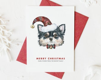 Long Hair Chihuahua Christmas Flat Card Template - Printable Watercolor Long Hair Chihuahua Dog Holiday Card - Editable Christmas Card