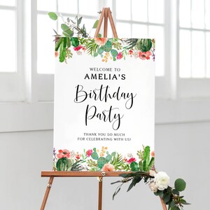 druckbare Sukkulenten Geburtstagsparty Willkommensschild Vorlage - Boho Aquarell Kaktus & Sukkulenten Sommer Geburtstag Poster - DIY Editable BC13