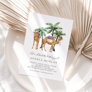 Modello stampabile per invito festa di compleanno Boho - Evite festa di compleanno estiva con cammelli e palme acquerello - Invito modificabile nel deserto n. 029