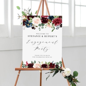 Plantilla imprimible de signo de bienvenida para fiesta de compromiso de otoño - DIY 18x24 Acuarela Borgoña y guirnalda floral azul marino Póster de ducha de compromiso BNB65