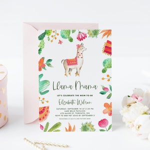 Printable Llama Mama Baby Shower Invitation Template - DIY Watercolor Llama Floral Cactus Frame Summer Baby Shower Invite - Editable #974