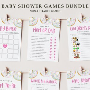 Druckbare weiße Donuts Baby Shower Spiele Bundle - 5x7 Aquarell Donuts Baby Mädchen Dusche Spiele Kit - 6 Spiele Paket Sofortiger Download WD91
