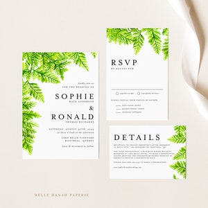 Modèle d’ensemble d’invitation de mariage Printable Ferns - Aquarelle Greenery Summer Wedding Invite, RSVP, Carte de détails - Suite de mariage modifiable FV25