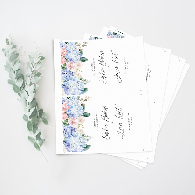 Blue Floral Wedding Program Fans Template Printable Blue Hydrangeas and Pink Roses Wedding Ceremony Fans DIY Editable Templett BHR5 image 3