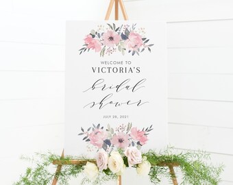 imprimable Blush Floral Bridal Shower Welcome Sign Template - 18x24 vintage Aquarelle Pink Flowers Bridal Shower Poster - Editable Sign BP55