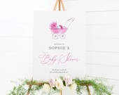 DIY Pink Baby Shower Welcome Sign Template - Watercolor Pink Vintage Baby Stroller - Baby Carriage Poster Editable, Printable VBC2