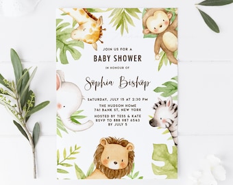 Druckbare Safari Baby Shower Einladung Vorlage - Niedliche Aquarell Safari Tiere laden - Dschungel Baby Shower Evite - bearbeitbare Einladung SF87