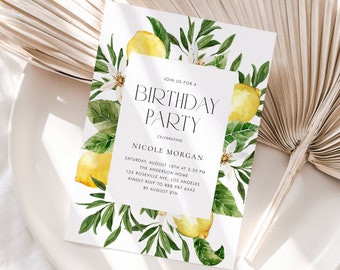 Printable Lemon Birthday Party Invitation Template - DIY Watercolor Lemon Frame Birthday Party Evite - Botanical Summer Birthday Invite BL65