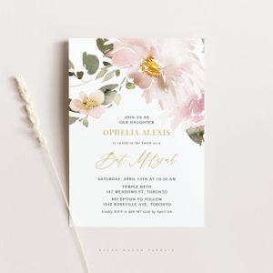 May include: A floral-themed invitation for a Bat Mitzvah. The invitation features a watercolor illustration of pink flowers and greenery. The text reads "Join us as our daughter Ophelia Alexis is called to the Torah as a Bat Mitzvah. Saturday, April 15th at 10:30 AM Temple Beth 147 Meadows St, Toronto Reception to follow 1540 Roseville Ave, Toronto Kindly RSVP to 888 987 6543 by April 5th Belle Hanah Paperie"