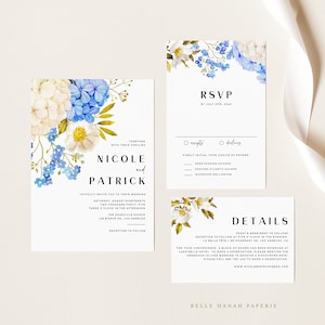 Printable Hydrangea Wedding Invitation Suite Template - Blue & White Hydrangea Wedding Invite, RSVP Details Card - Editable Wedding Set EU63