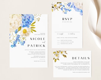 Printable Hydrangea Wedding Invitation Suite Template - Blue & White Hydrangea Wedding Invite, RSVP Details Card - Editable Wedding Set EU63