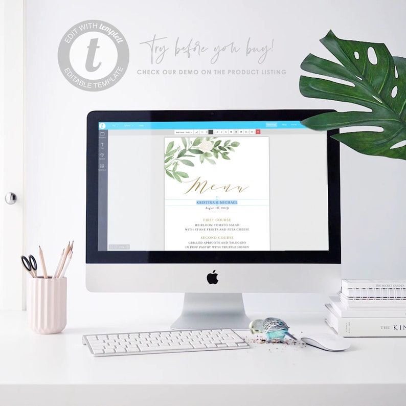 Greenery Wedding Menu Card Template Editable Templett GWF23 DIY Printable Watercolor Greenery and White Flowers Menu Card