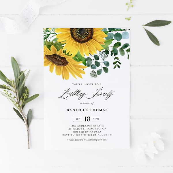 Rustic Sunflowers Birthday Party Invitation Template - Printable Sunflowers and Eucalyptus Summer Sweet 16 Invite - DIY Editable SE35