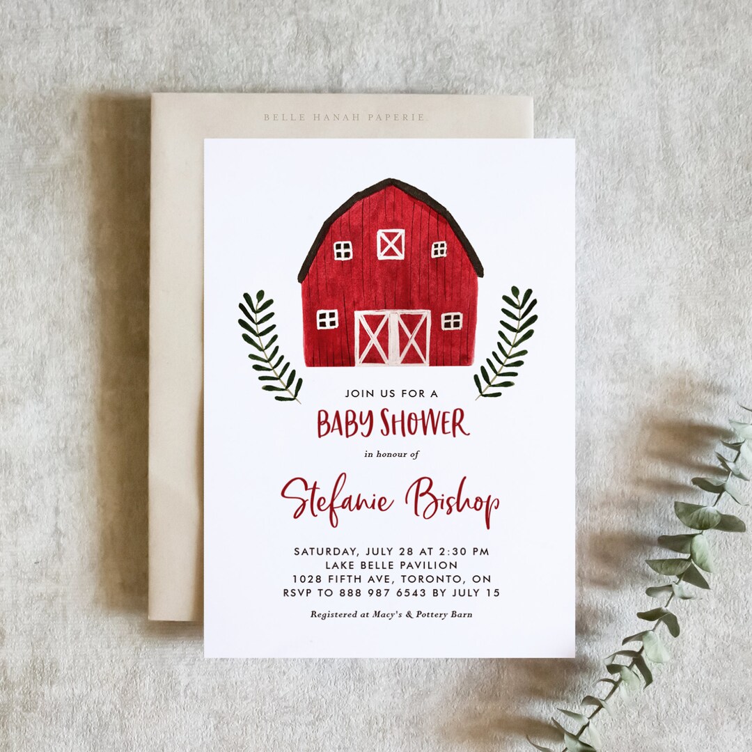 Printable Farm Theme Baby Shower Invitation Template - Watercolor Red ...
