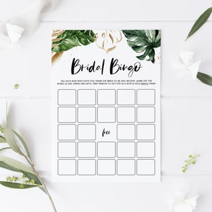 Tarjeta de ducha de bingo nupcial de vegetación tropical - juego de bingo de ducha nupcial de oro verde imprimible - juegos de boda - Descarga instantánea TF40