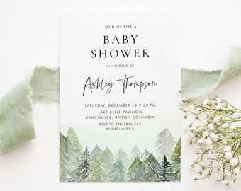 Snowy Forest Winter Bridal Shower Invitation Template - Printable Watercolor Woodland Winter Couples Shower Invite - Editable Templett SF98