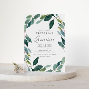 Plantilla de invitación de quinceañera de vegetación rústica imprimible - Invitación de quinceañera de corona de eucalipto de acuarela DIY - Quinceañera editable REW18