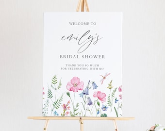 Printable Pretty Florals Bridal Shower Welcome Sign Template - DIY Pink Watercolor Dainty Flowers Bridal Luncheon Poster - Editable DF18