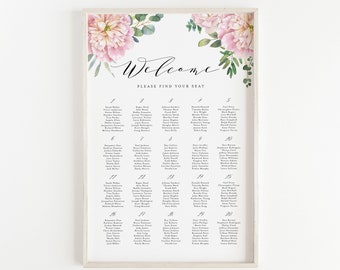 Printable Blush Floral Wedding Seating Chart Template - 24x36 Watercolor Pink Roses and Eucalyptus Wedding Table Plan Sign - DIY Sign PRE5