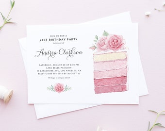 May include: A pink and white watercolor cake with roses on top. The invitation reads "Join us for a 21st Birthday Party in honor of Andrea Clarkson. Saturday, August 28 at 2:30 PM Lake Belle Pavilion 10 Lakeshore Ave, Los Angeles, CA RSVP to 888 987 6543 by August 15. We hope to see you there!"