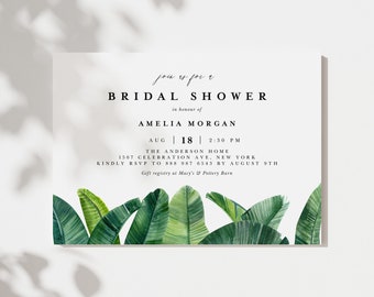 Printable Tropical Bridal Shower Invitation Template - DIY Watercolor Banana Leaves Summer Bridal Shower Evite - Editable Invitation