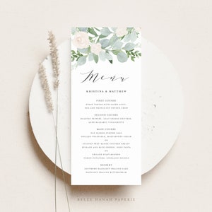 Afdrukbare Eucalyptus bruiloft menukaartsjabloon - DIY 4x9 aquarel witte bloemen en groen douche menukaart - bewerkbare menukaart GWF24