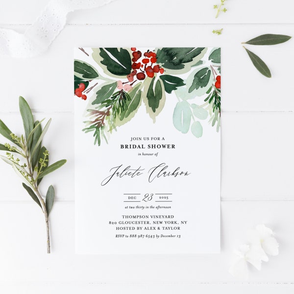 Printable Berries & Greenery Bridal Shower Invitation Template - Watercolor Winter Foliage Bridal Brunch Invite, Editable Winter Invite CG25