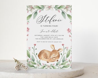 Printable Deer Birthday Party Invitation Templett - Watercolor Sleeping Deer Kids Birthday Evite - Editable Woodland Birthday Invite SD51