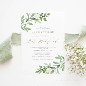 Printable Greenery Bat Mitzvah Invitation Template - Watercolor Greenery and White Flowers Bar Mitzvah Invite - Editable Invitation GWF23