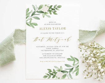 Printable Greenery Bat Mitzvah Invitation Template - Watercolor Greenery and White Flowers Bar Mitzvah Invite - Editable Invitation GWF23