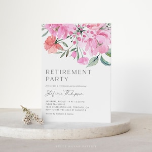 Printable Floral Retirement Party Invitation Template - DIY Watercolor Pink Flowers Garden Retirement Party Evite - Editable Invitation PF68