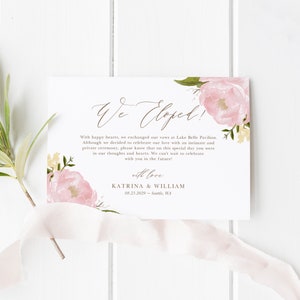 Blush Pink Elopement Announcement Card Template - Stampabile We Eloped Acquerello Blush Pink Peonies Marriage Announcement - Modificabile BP02