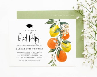 Botanical Citrus Graduation Party Invitation Template - Printable Watercolor Lemons and Oranges Grad Party Invite - Editable Invite BC85