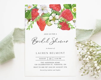 Printable Strawberry Bridal Shower Invitation Template - DIY Watercolor Strawberry Summer Bridal Luncheon Evite - Editable Invitation WS32