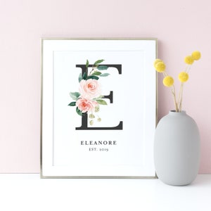 INSTANT DOWNLOAD Art Print - Printable Nursery Art Print - Letter E Monogram with Watercolor Flowers and Foliage - 8x10 Letter E Template
