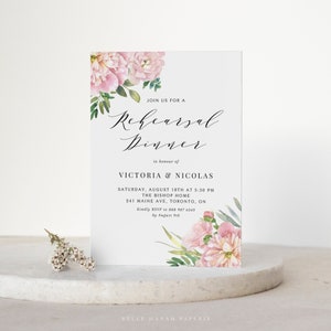 Plantilla de invitación a cena de ensayo floral imprimible - DIY acuarela Blush Pink Garden Roses Wedding Shower Evite - Invitación editable PRE5