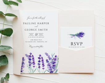 Lavender Floral Wedding Invitation Set Template - Printable Watercolor Lavender Flowers Invite and RSVP Wedding Suite - DIY Editable LF41