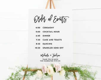 Printable Hand Lettered Order of Events Wedding Sign Template - Mikaela Script Wedding Day Timeline Itinerary - DIY Editable, Templett