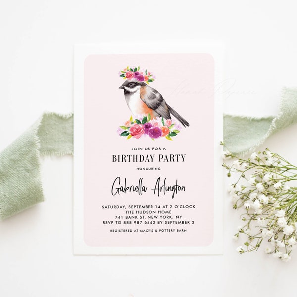 Printable Watercolor Bird Birthday Party Invitation Template - Editable Bird with Floral Crown Pink Sweet 16 Party Invite -DIY Templett BP85