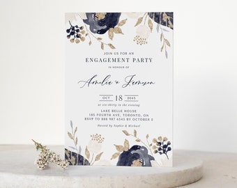 Printable Floral Engagement Party Invitation Template - Navy Blue Flowers Gold Foil Wedding Rehearsal Dinner Evite - Editable Invite GB67
