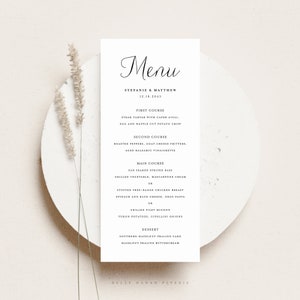 Plantilla de tarjeta de menú de guión imprimible - Tarjeta de menú de boda de guión Carolyne elegante 4x9 - Tarjeta de menú de despedida de soltera editable - Color personalizable