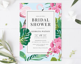 Pink Flamingo Bridal Shower Invitation Template - Printable Pink Flamingo and Orchids Tropical Beach Bridal Luau Invite - Editable #038