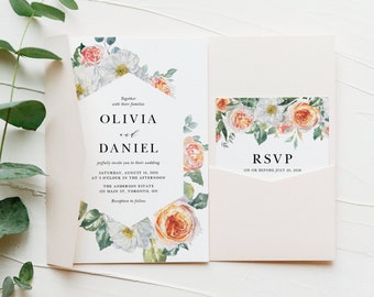 Printable Elegant Botanical Wedding Invitation Set Template - DIY Watercolor Garden Roses Floral Invite & RSVP Wedding Suite - Editable #412