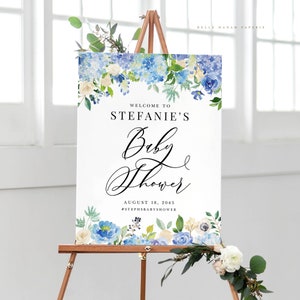 Printable Hydrangea Baby Shower Welcome Sign Template - Editable 18x24 Watercolor Blue Hydrangeas Floral Baby Shower Sign - DIY Sign #024