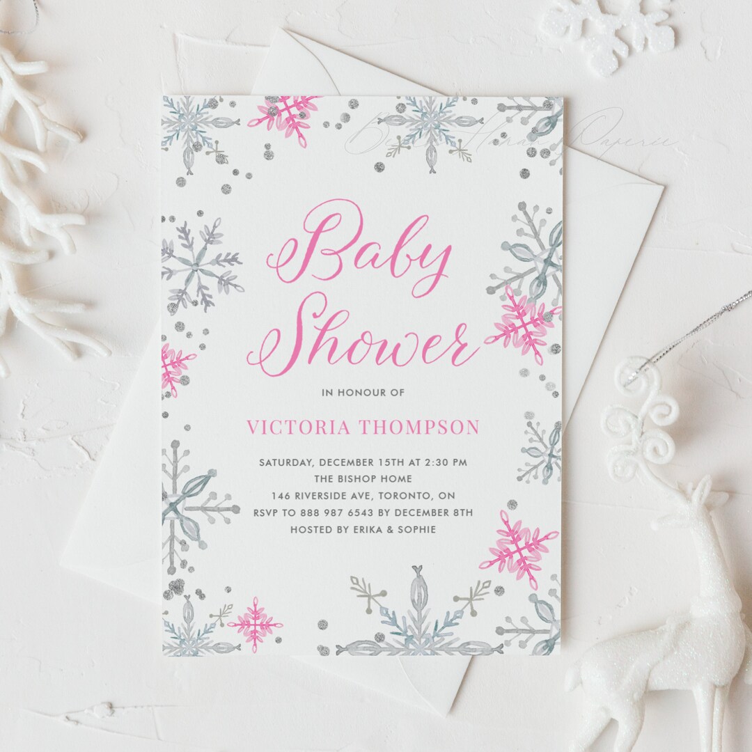 Printable Pink Snowflakes Baby Shower Invitation Template - Watercolor ...